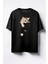 Yırtık Kedi Baskılı Unisex Oversize T-Shirt Siyah 1