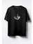 Yarım Aydaki Astronot Baskılı Unisex Oversize T-Shirt Siyah 1