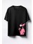 Double Teali Pembe Panter Baskılı Unisex Oversize T-Shirt Siyah 1
