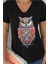 Kadın Siyah V Yaka Baykuş Pul Payet Işlemeli %100 Pamuk T-Shirt 2