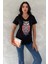 Kadın Siyah V Yaka Baykuş Pul Payet Işlemeli %100 Pamuk T-Shirt 3