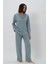 Kadın Uzun Kol Önden Düğmeli Mavi Pijama Takım %100 Pamuk CTN83 1