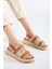 Kadın Hakiki Deri Cırtlı Kalın Taban Sandalet - Bej 1