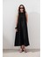 Keten Büzgülü Geniş Elbise Siyah 3