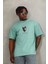Unisex Oversize Baskılı Bisiklet Yaka T-Shirt - Mint Yeşili 1