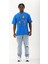 Unisex Oversize Baskılı Bisiklet Yaka T-Shirt - Mavi 4