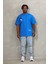 Unisex Oversize Baskılı Bisiklet Yaka T-Shirt - Mavi 4