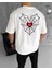 Unisex Bisiklet Yaka Baskılı Oversize T-Shirt - Beyaz 2