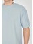 Unisex Waffle Kumaş Rahat Kol T-Shirt - Buz Mavisi 2
