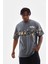 Unisex Bisiklet Yaka Baskılı Oversize T-Shirt - Gri 1