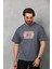 Unisex Bisiklet Yaka Baskılı Oversize T-Shirt - Füme 1
