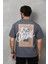 Unisex Bisiklet Yaka Baskılı Oversize T-Shirt - Füme 2