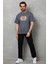 Unisex Bisiklet Yaka Baskılı Oversize T-Shirt - Füme 3