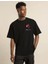 Unisex Bisiklet Yaka Baskılı Oversize T-Shirt - Siyah 1