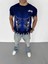 Unisex Bisiklet Yaka Baskılı Oversize T-Shirt - Lacivert 2