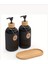 2’li Hands Dishes Siyah Dekoratif Mutfak Banyo Sıvı Cam Sabunluk Seti 500ML Bambu Stantlı Set 2