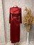 25Y3298 Elbise Saten Çiçek Bronşlu Eteği Kalem - Vishne - 25Y3298 - Bordo - 44 1