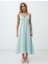Turkuaz %100 Keten Askılı V Yaka Midi Elbise 1