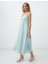 Turkuaz %100 Keten Askılı V Yaka Midi Elbise 2