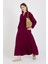 Bordo %100 Pamuk Düğmeli Kat Etekli Uzun Kollu Elbise 4782A 3