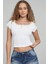 Kadın Beyaz Göğsü ve Kolları Dantelli Fiyonklu Kısa Kol Crop Top Bluz 5