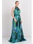 Kadın Halter Yaka Desenli Maxi Abiye Elbise 5657 Yeşil 3