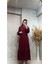 25Y3428 Elbise Saten Kumaş Dantel Yaka Inci Detaylı - Vishne - 25Y3428 - Bordo - 40 1