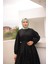 Belden Bağcıklı Geniş Uzun Kollu Büzgülü Uzun Elbise - (38-46) - 71289 - Siyah 4