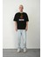 Unisex Bisiklet Yaka Baskılı Oversize T-Shirt - Siyah 1