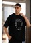 Unisex Bisiklet Yaka Baskılı Oversize T-Shirt - Siyah 1