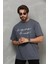 Unisex Bisiklet Yaka Baskılı Oversize T-Shirt - Füme 4