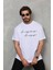 Unisex Bisiklet Yaka Baskılı Oversize T-Shirt - Beyaz 2
