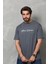 Unisex Bisiklet Yaka Baskılı Oversize T-Shirt - Füme 4