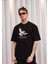 Unisex Bisiklet Yaka Baskılı Oversize T-Shirt - Siyah 1
