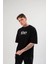 Unisex Bisiklet Yaka Baskılı Oversize T-Shirt - Siyah 2