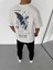 Unisex Bisiklet Yaka Baskılı Oversize T-Shirt - Beyaz 3