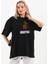Unisex Bisiklet Yaka Baskılı Oversize T-Shirt - Siyah 1