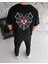 Unisex Bisiklet Yaka Baskılı Oversize T-Shirt - Siyah 2