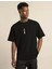 Unisex Bisiklet Yaka Baskılı Oversize T-Shirt - Siyah 1