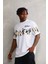 Unisex Bisiklet Yaka Baskılı Oversize T-Shirt - Beyaz 1