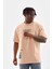Unisex Bisiklet Yaka Baskılı Oversize T-Shirt - Bej 1