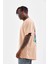 Unisex Bisiklet Yaka Baskılı Oversize T-Shirt - Bej 3