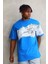 Unisex Bisiklet Yaka Baskılı Oversize T-Shirt - Mavi 2