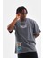 Unisex Bisiklet Yaka Baskılı Oversize T-Shirt - Gri 1