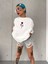 Unisex Bisiklet Yaka Baskılı Oversize T-Shirt - Beyaz 1
