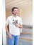 Erkek Bisiklet Yaka Baskılı Oversize T-Shirt - Beyaz 1