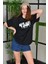 Unisex Bisiklet Yaka Baskılı Oversize T-Shirt - Siyah 1