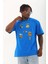 Unisex Oversize Baskılı Bisiklet Yaka T-Shirt - Mavi 1