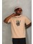 Unisex Oversize Baskılı Bisiklet Yaka T-Shirt - Bej 3
