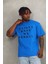 Unisex Oversize Baskılı Bisiklet Yaka T-Shirt - Mavi 2